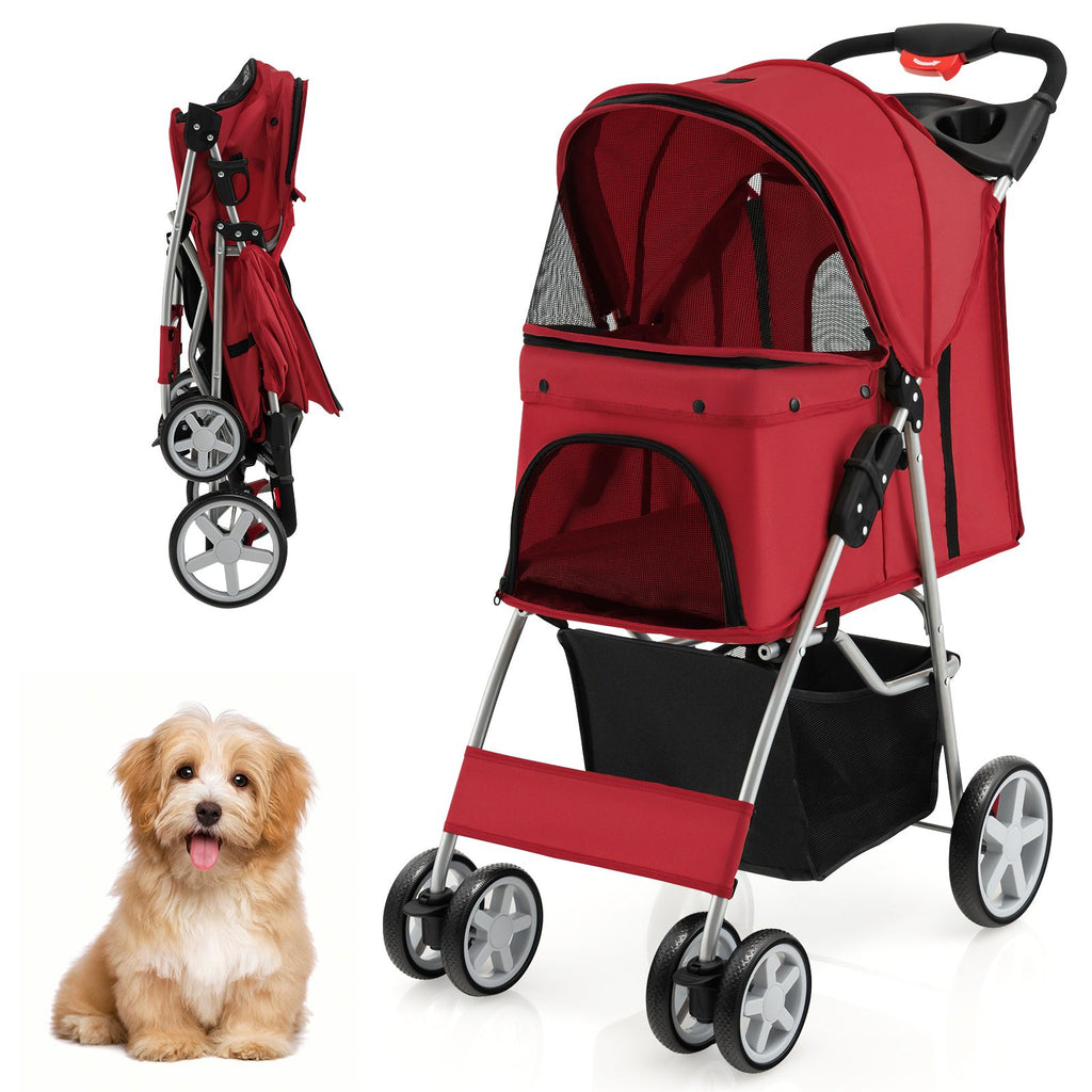 Deluxe 4-Wheel Folding Pet Stroller with Storage Basket & Adjustable Canopy for Ultimate Comfort