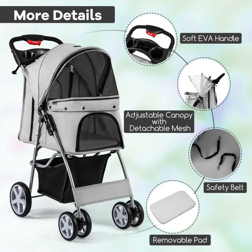 Deluxe 4-Wheel Folding Pet Stroller with Storage Basket & Adjustable Canopy for Ultimate Comfort