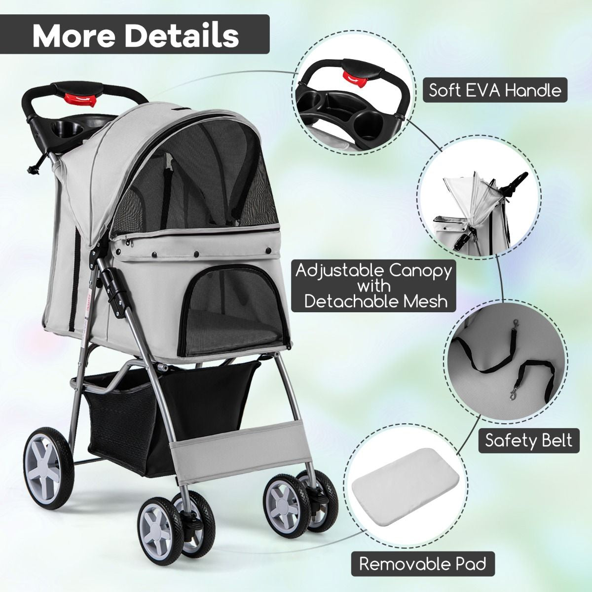 Deluxe 4-Wheel Folding Pet Stroller with Storage Basket & Adjustable Canopy for Ultimate Comfort