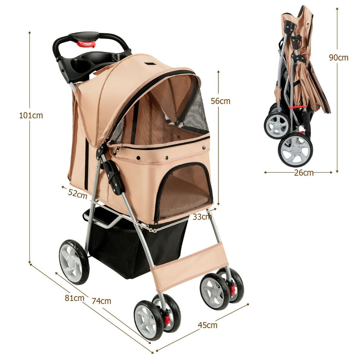 Deluxe 4-Wheel Folding Pet Stroller with Storage Basket & Adjustable Canopy for Ultimate Comfort