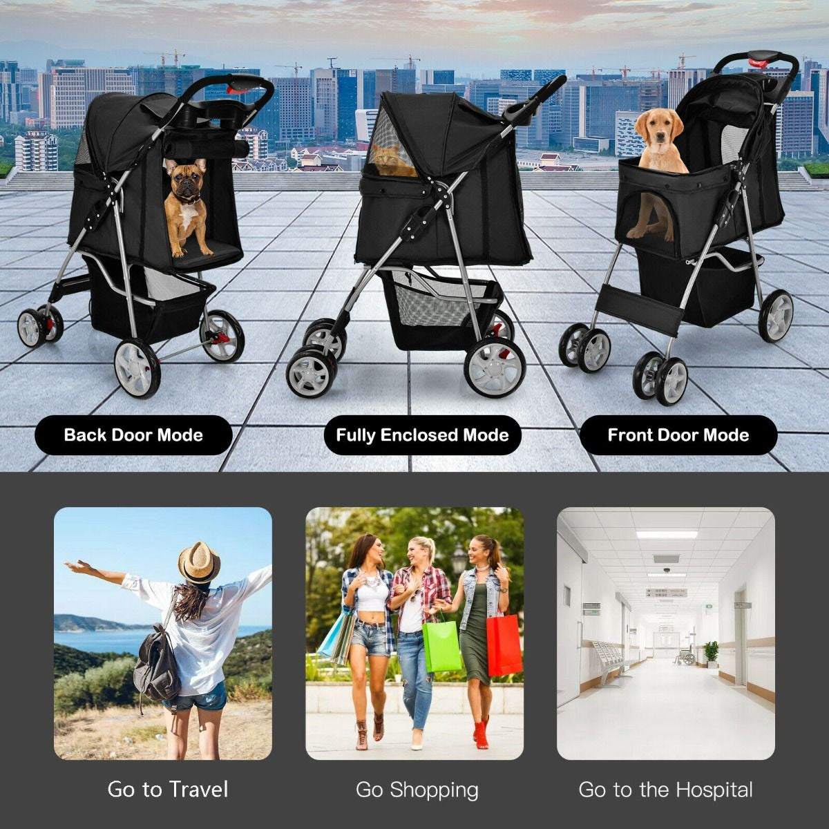 Deluxe 4-Wheel Folding Pet Stroller with Storage Basket & Adjustable Canopy for Ultimate Comfort