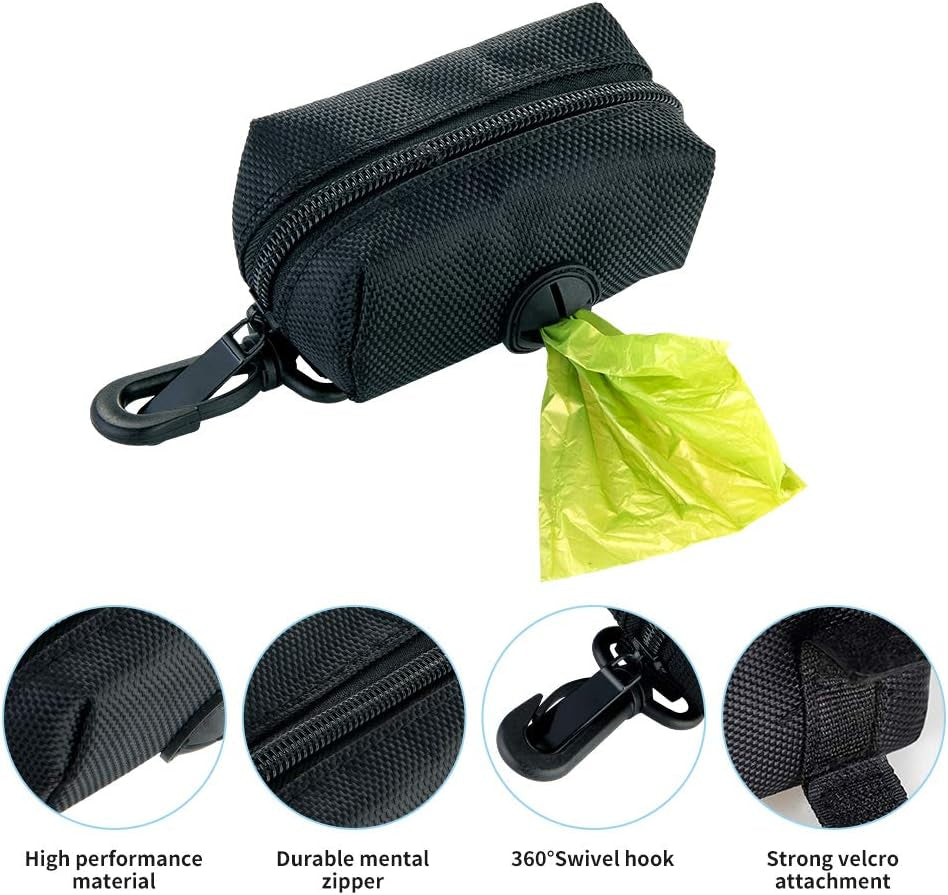 Dog Poop Bag Dispenser - 2 Pack Leash Attachment with Free Waste Bags & D-Ring, Lightweight & Soft for Walking, Running, Hiking (Black)