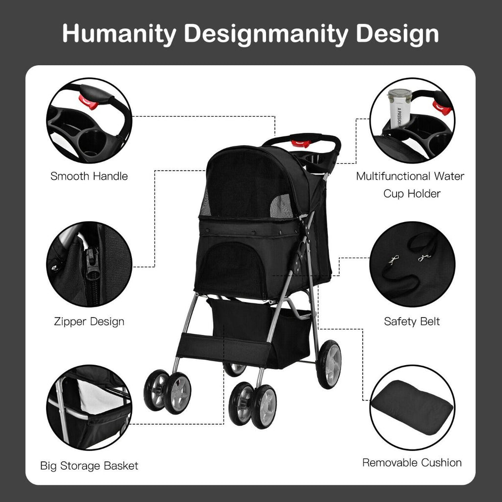 Deluxe 4-Wheel Folding Pet Stroller with Storage Basket & Adjustable Canopy for Ultimate Comfort