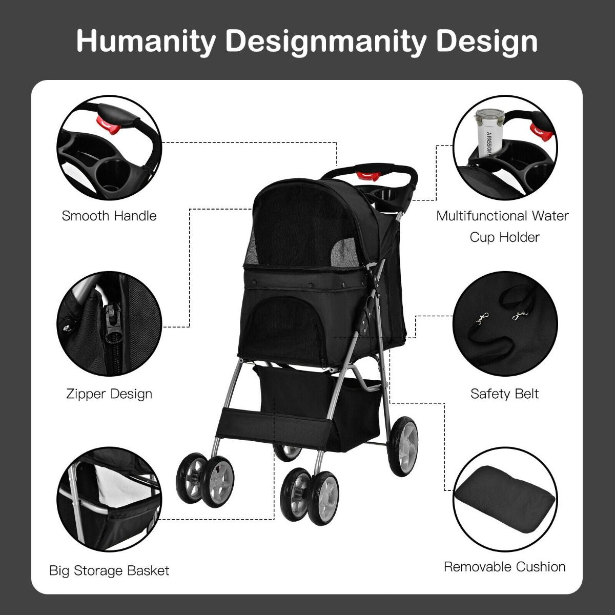 Deluxe 4-Wheel Folding Pet Stroller with Storage Basket & Adjustable Canopy for Ultimate Comfort