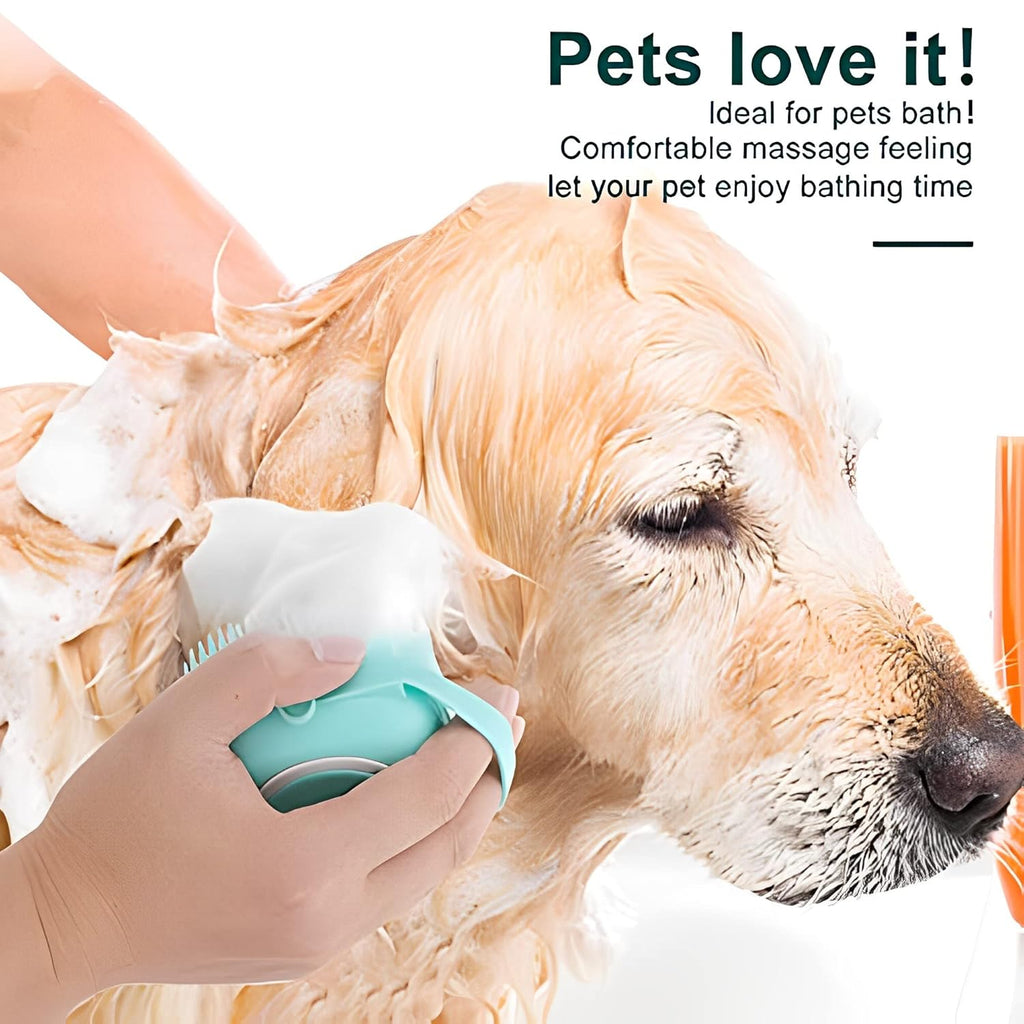 Silicone Rubber Dog & Cat Bath Brush - Soft Grooming Comb with Shampoo Dispenser (Blue)
