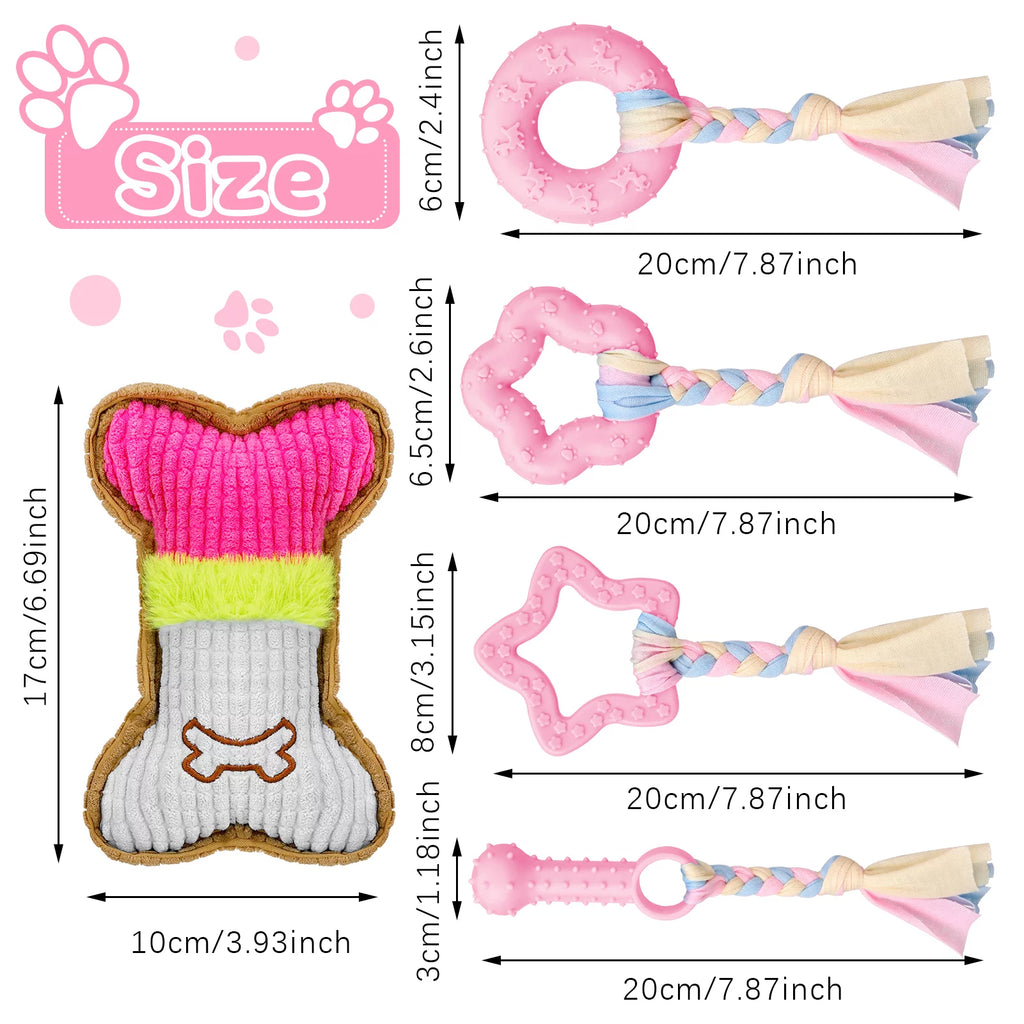 5-Pack Interactive Puppy Chew Toys - Pink Rubber & Plush Squeaky Teething Toys for Small Dogs, Perfect for Dental Care and Playtime!