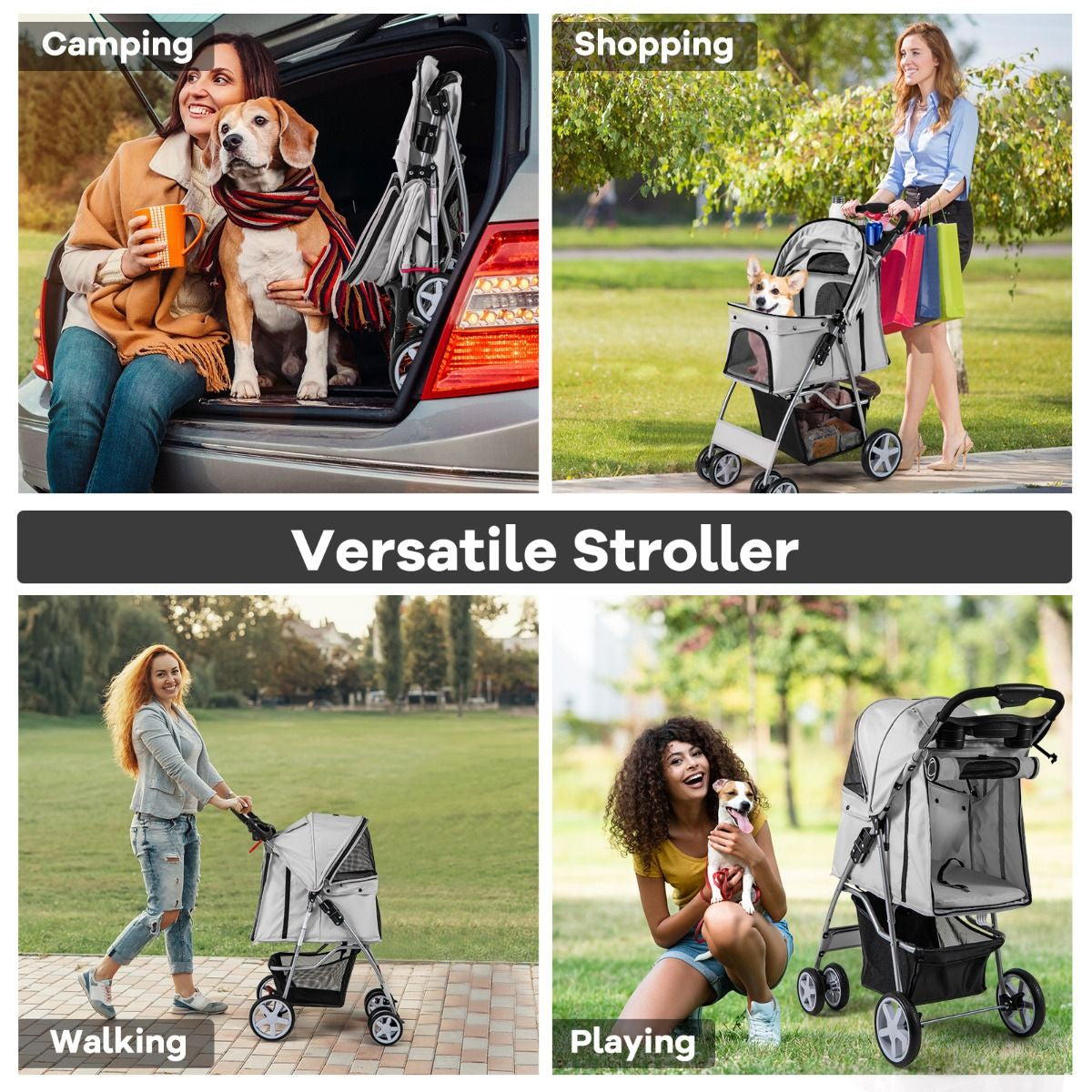 Deluxe 4-Wheel Folding Pet Stroller with Storage Basket & Adjustable Canopy for Ultimate Comfort