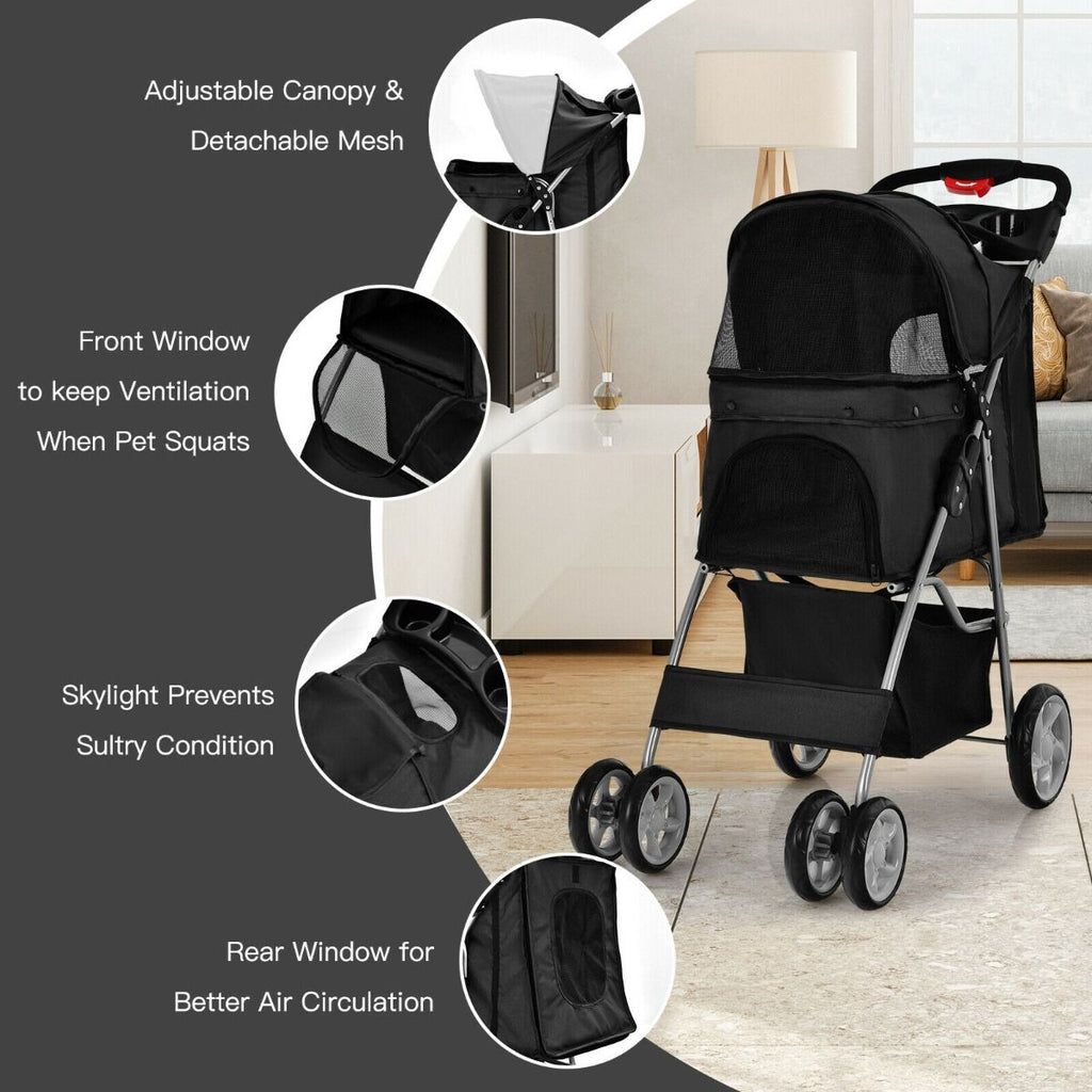 Deluxe 4-Wheel Folding Pet Stroller with Storage Basket & Adjustable Canopy for Ultimate Comfort