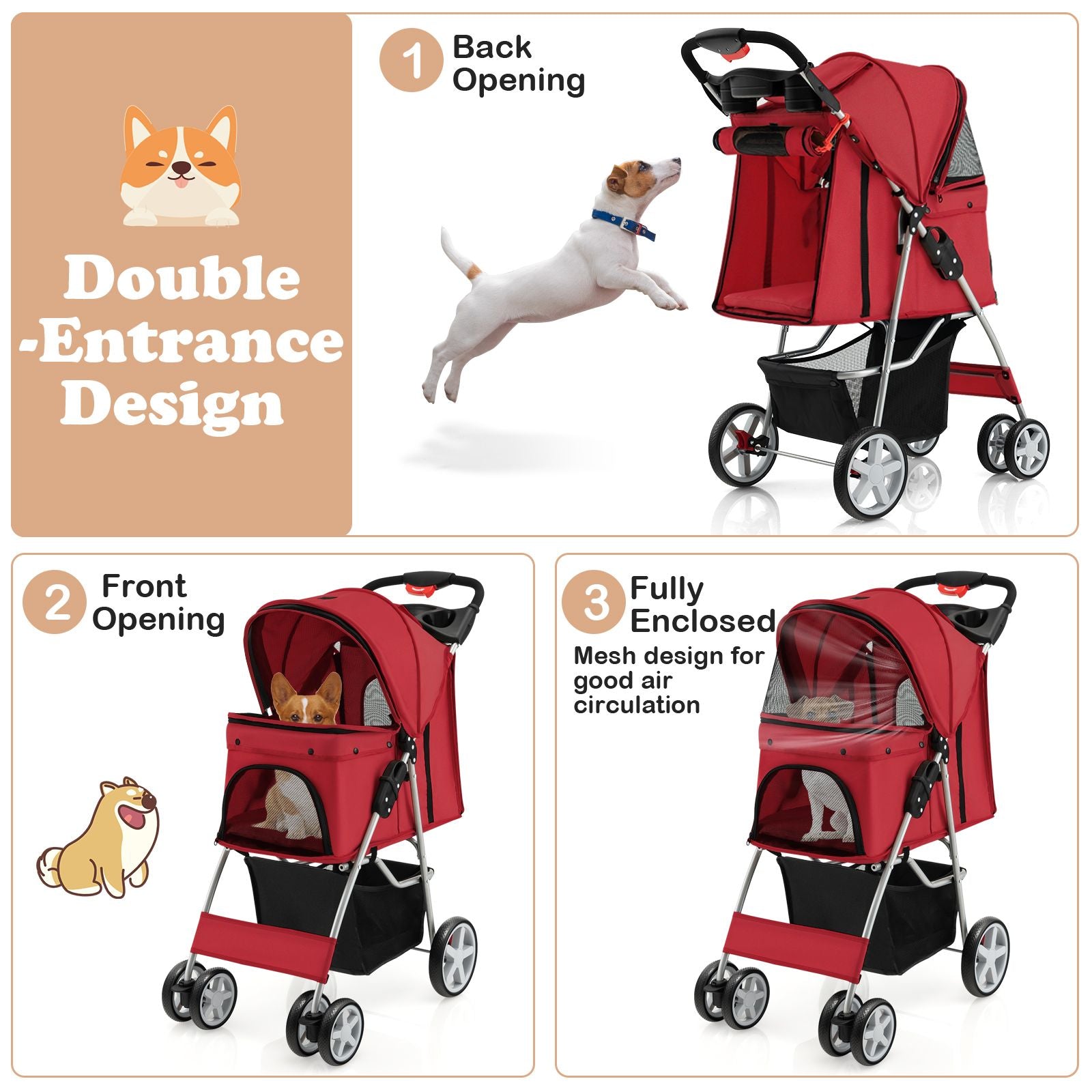 Deluxe 4-Wheel Folding Pet Stroller with Storage Basket & Adjustable Canopy for Ultimate Comfort
