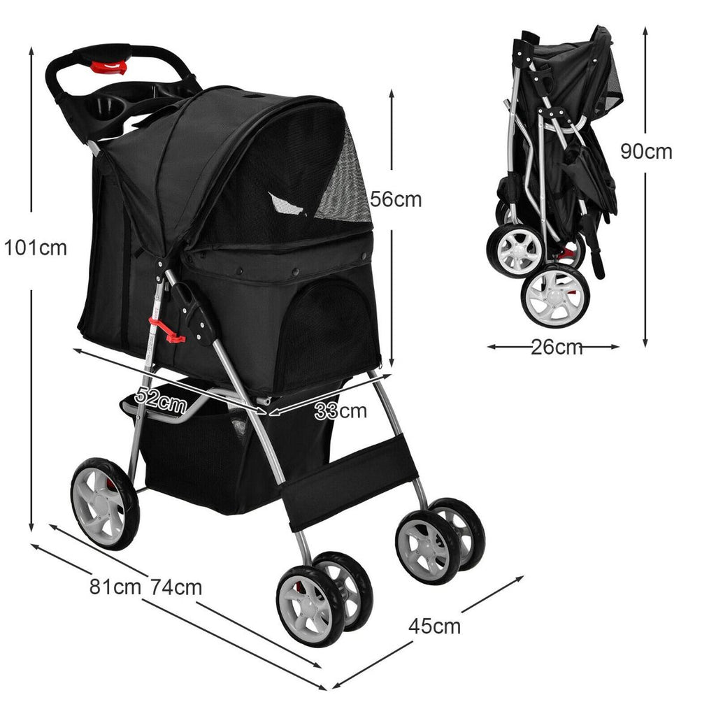Deluxe 4-Wheel Folding Pet Stroller with Storage Basket & Adjustable Canopy for Ultimate Comfort