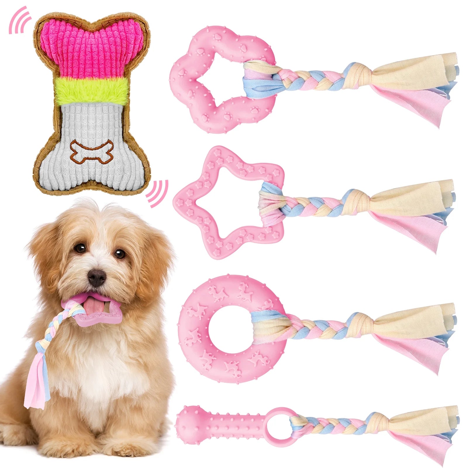 5-Pack Interactive Puppy Chew Toys - Pink Rubber & Plush Squeaky Teething Toys for Small Dogs, Perfect for Dental Care and Playtime!