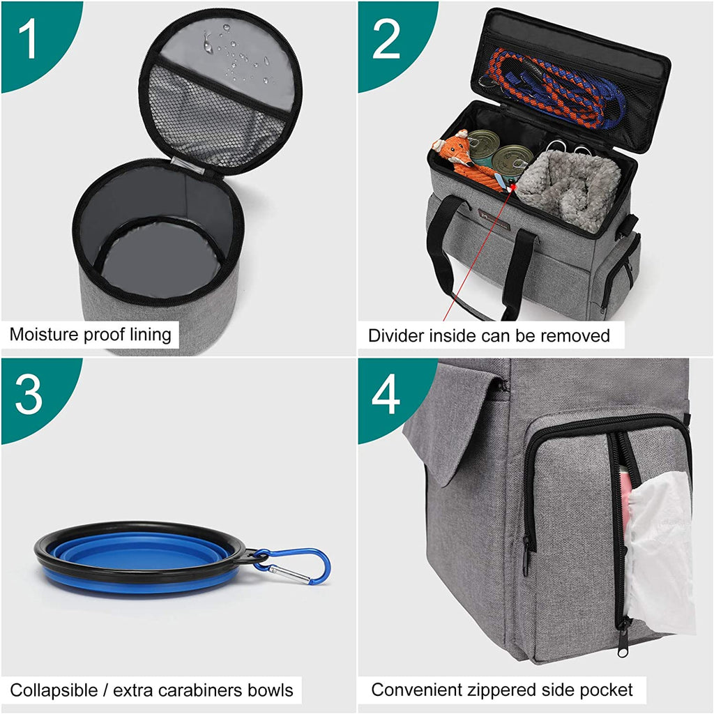 Ultimate Dog Travel Bag - Airline Approved Pet Tote with Multi-Function Pockets, Food Containers, Collapsible Bowls & Feeding Mat (Grey)