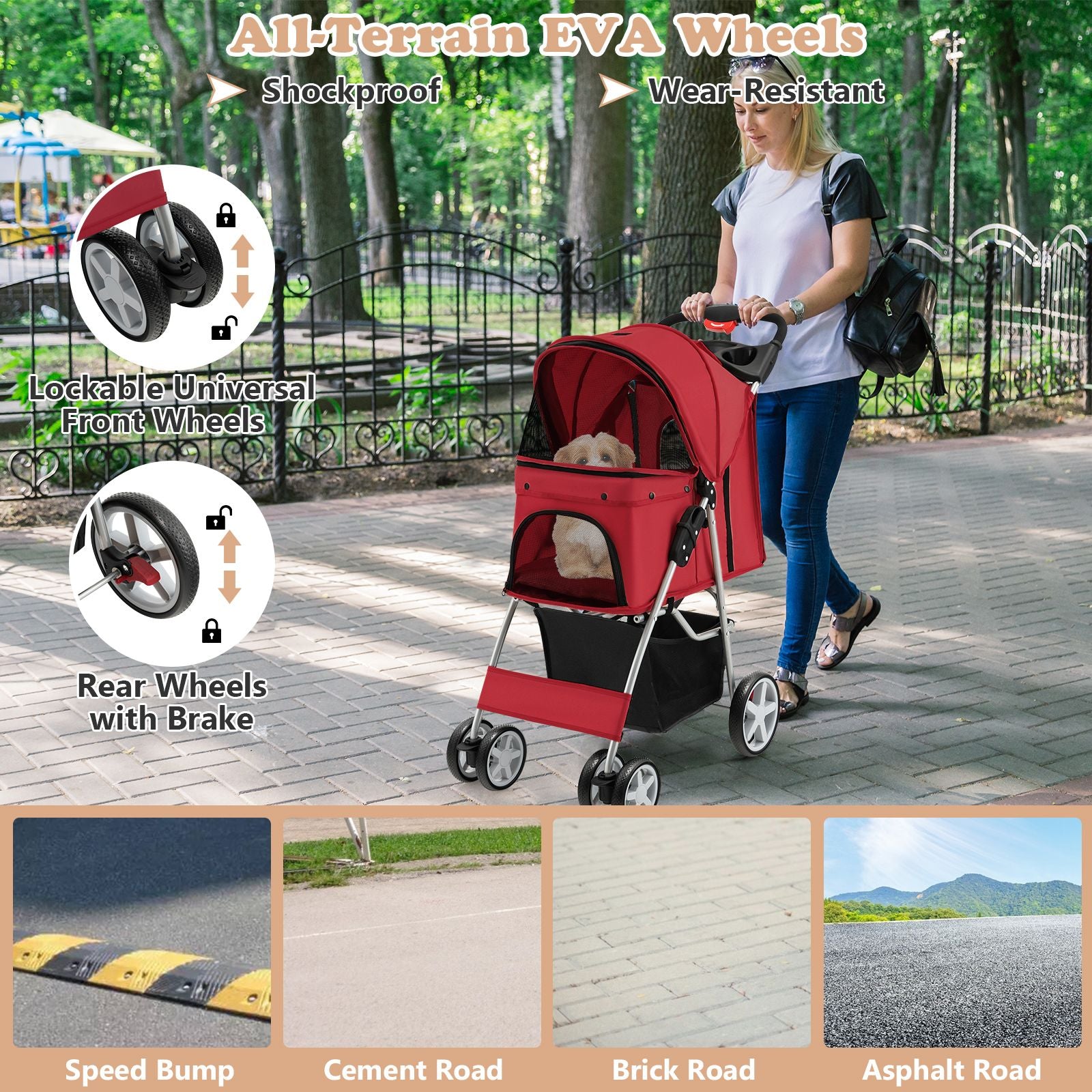 Deluxe 4-Wheel Folding Pet Stroller with Storage Basket & Adjustable Canopy for Ultimate Comfort