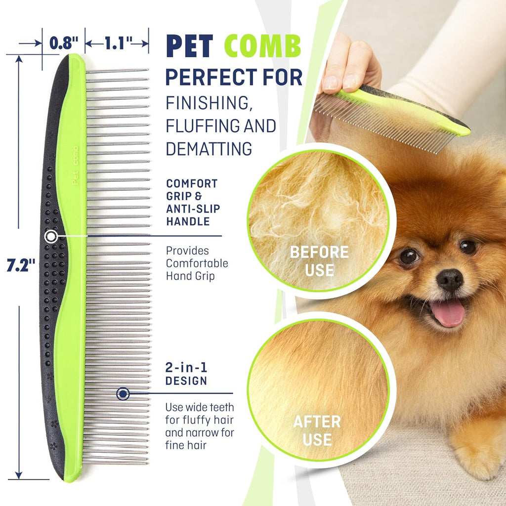 Ultimate Pet Grooming Set for Dogs & Cats - Double-Sided Brush & Comb - Effective Deshedding, Lice & Flea Removal - Comfortable Grip & Soft Bristles