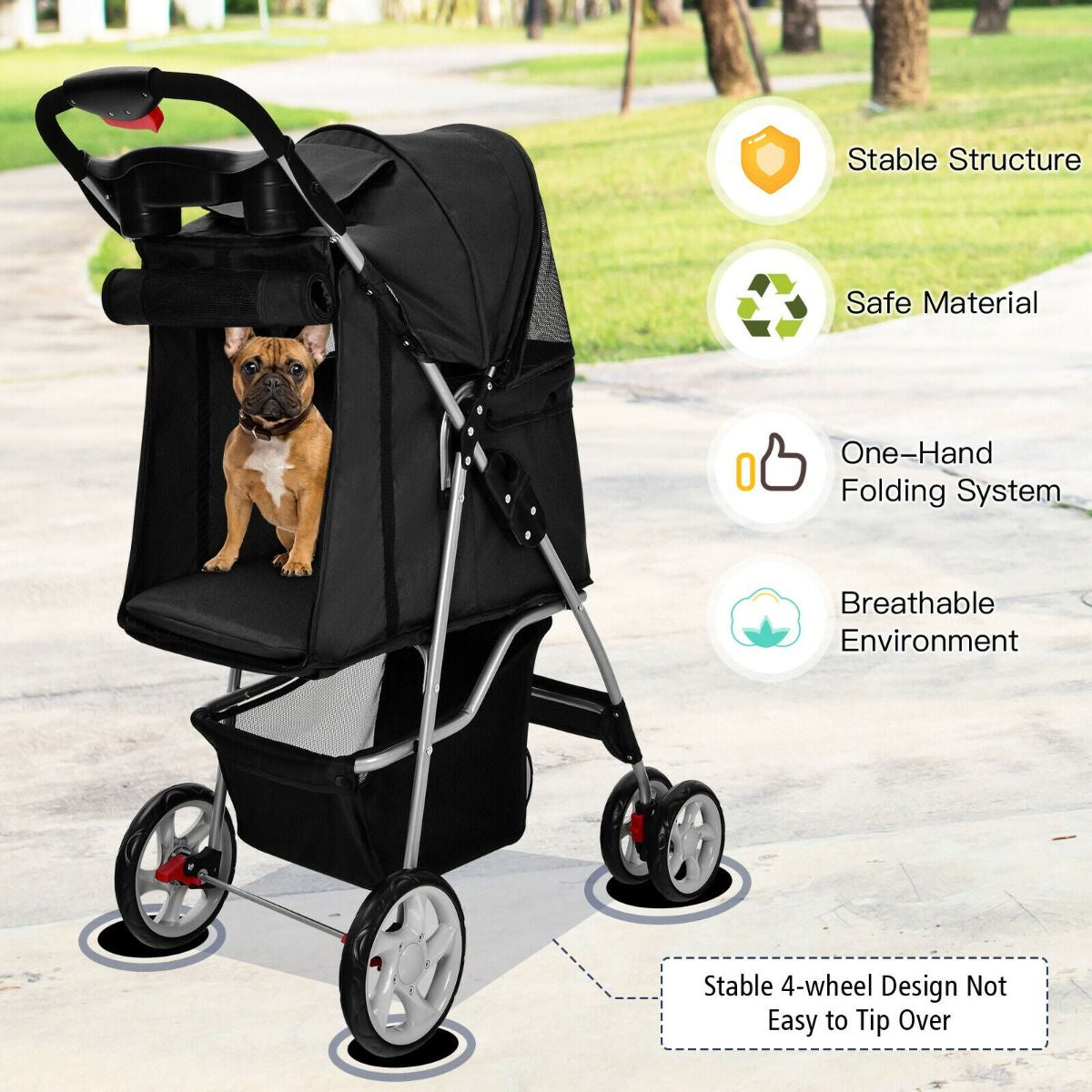 Deluxe 4-Wheel Folding Pet Stroller with Storage Basket & Adjustable Canopy for Ultimate Comfort