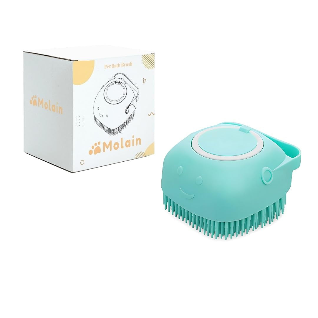 Silicone Rubber Dog & Cat Bath Brush - Soft Grooming Comb with Shampoo Dispenser (Blue)