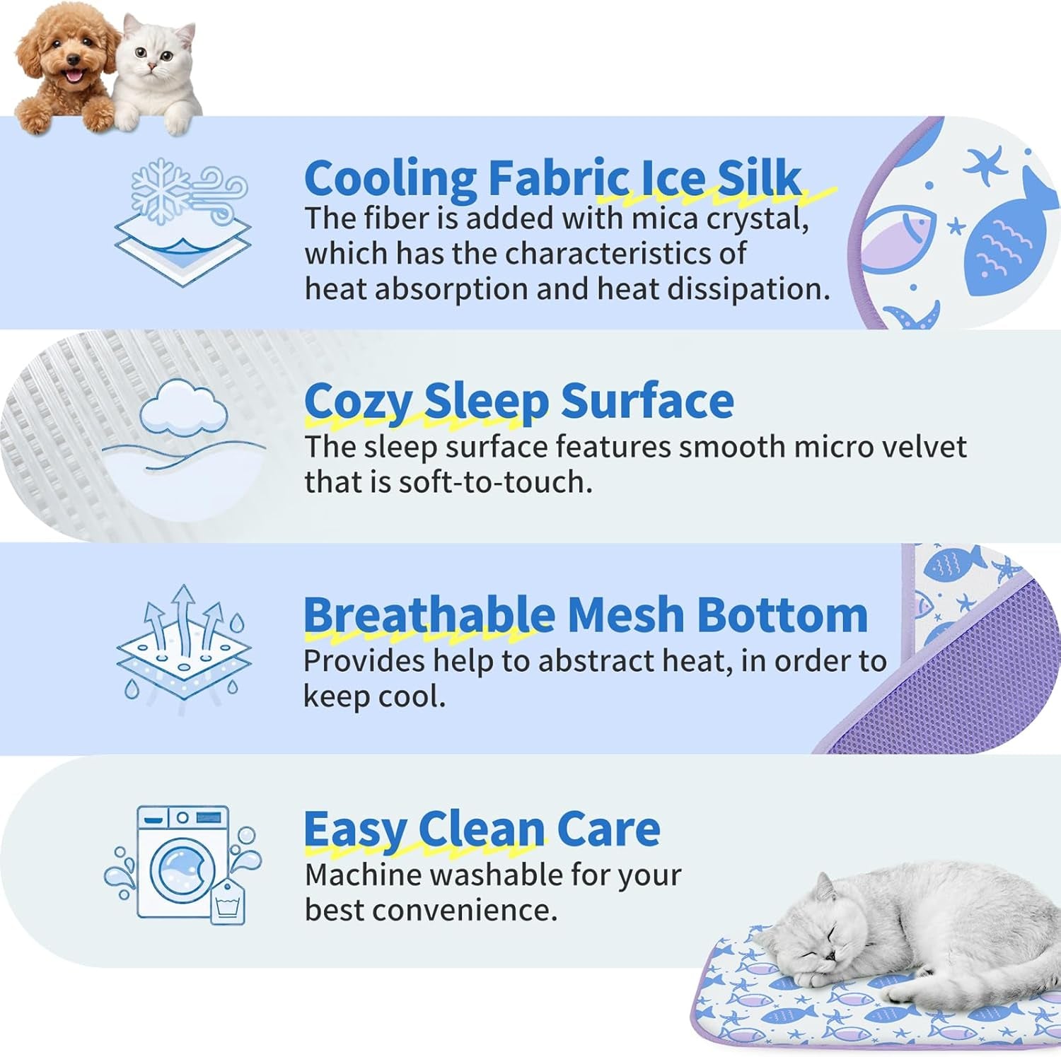 Premium Purple Fish Pet Cooling Mat - Q-Max > 0.345 Ice Silk for Cats & Dogs | Lightweight, Washable, and Perfect for Summer Comfort