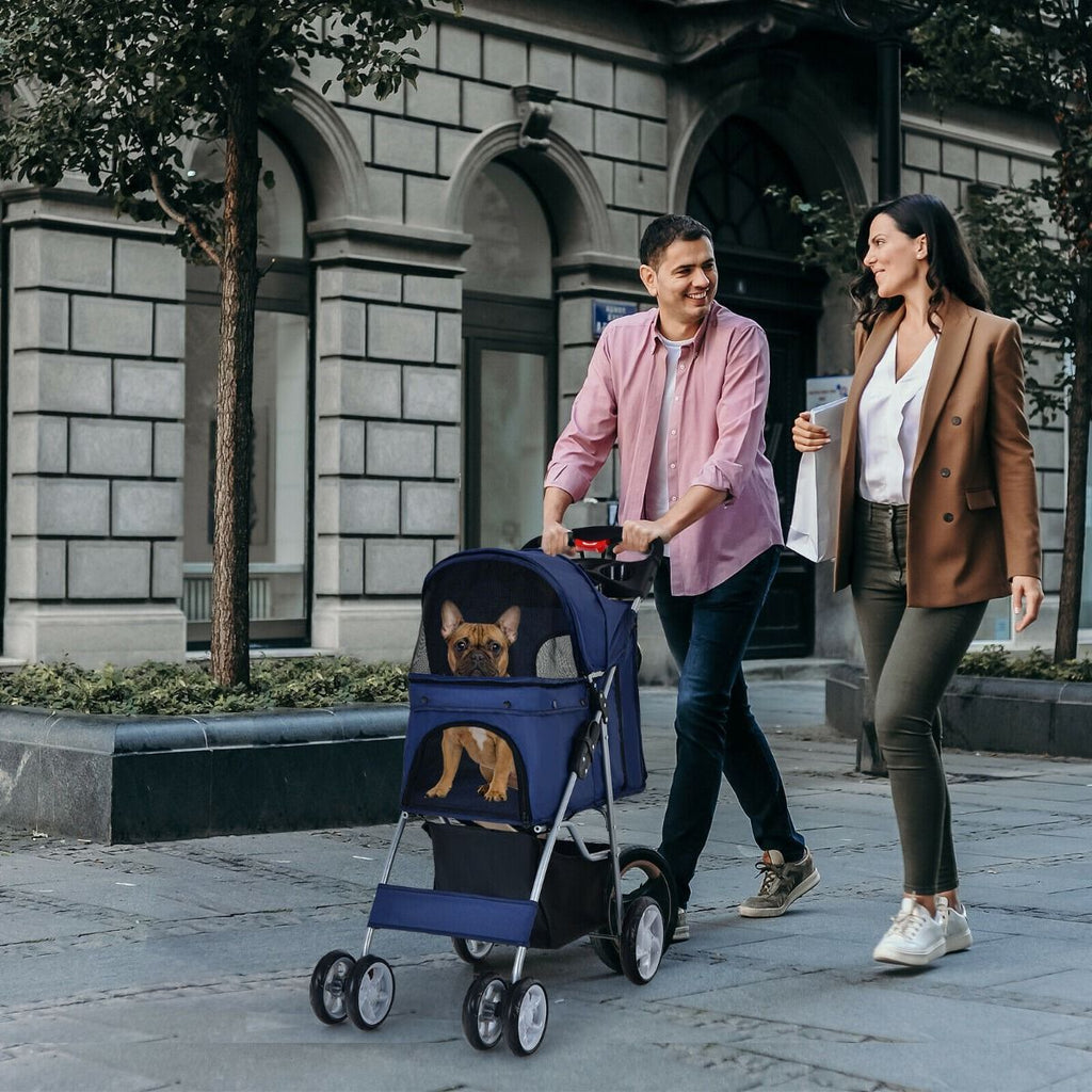 Deluxe 4-Wheel Folding Pet Stroller with Storage Basket & Adjustable Canopy for Ultimate Comfort