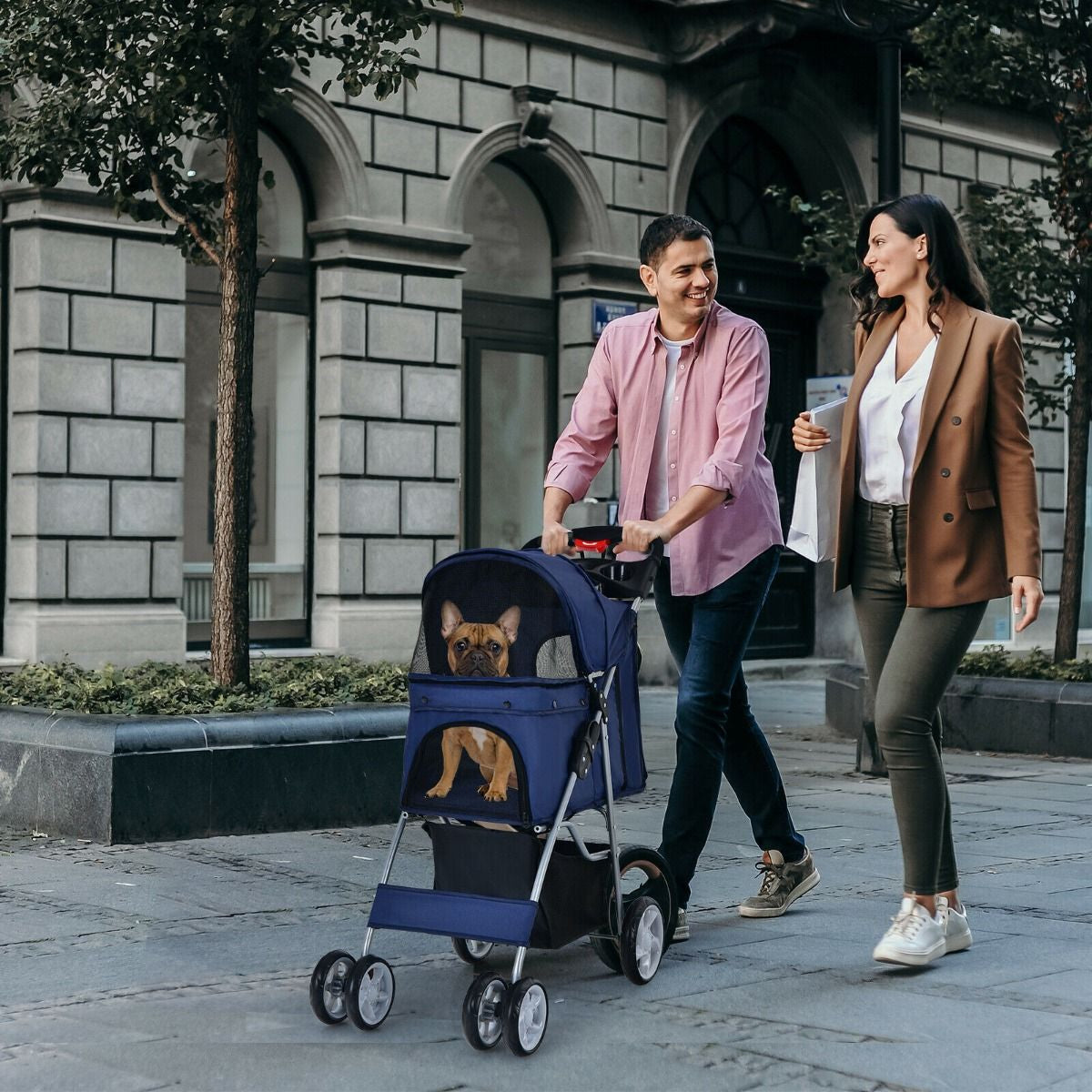 Deluxe 4-Wheel Folding Pet Stroller with Storage Basket & Adjustable Canopy for Ultimate Comfort