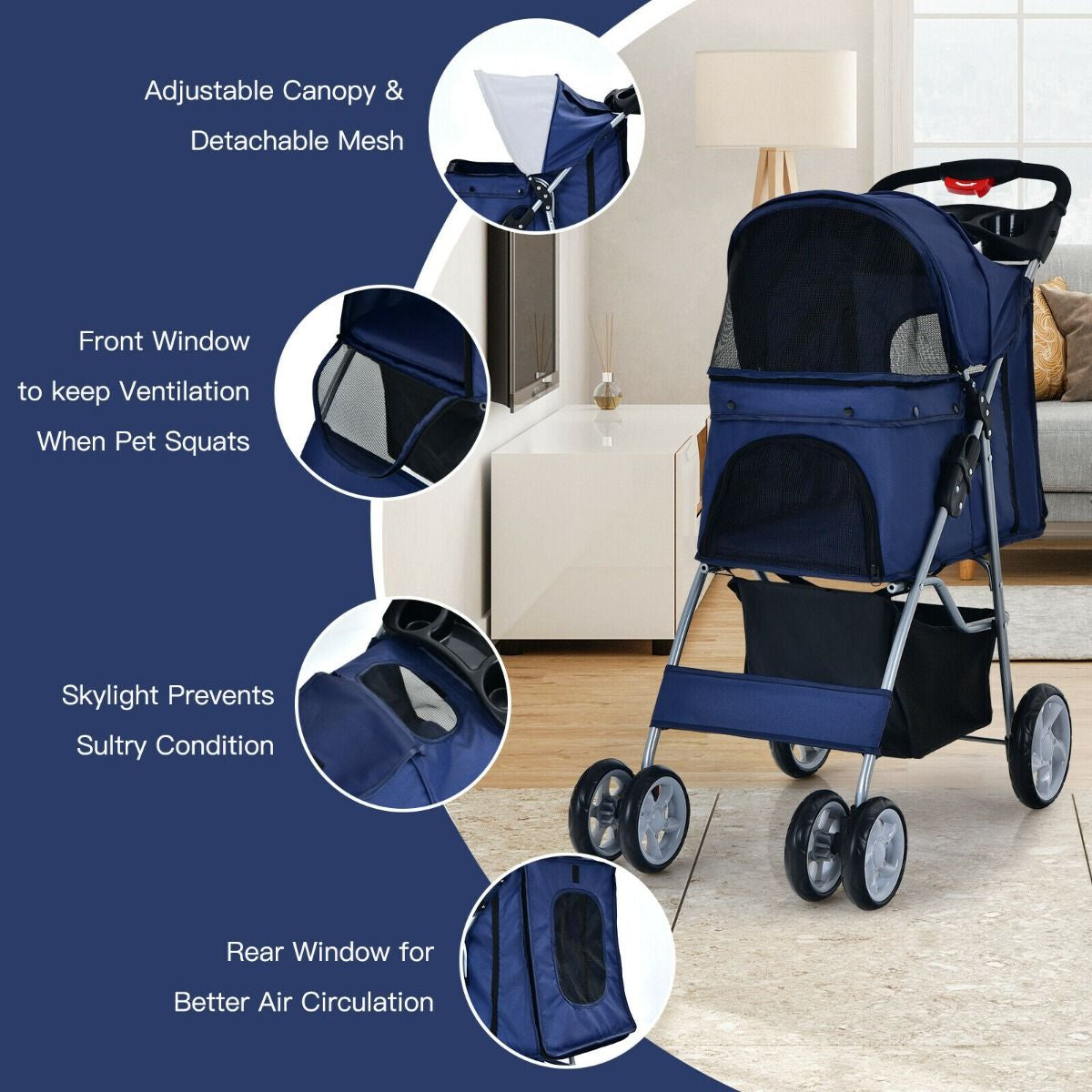 Deluxe 4-Wheel Folding Pet Stroller with Storage Basket & Adjustable Canopy for Ultimate Comfort