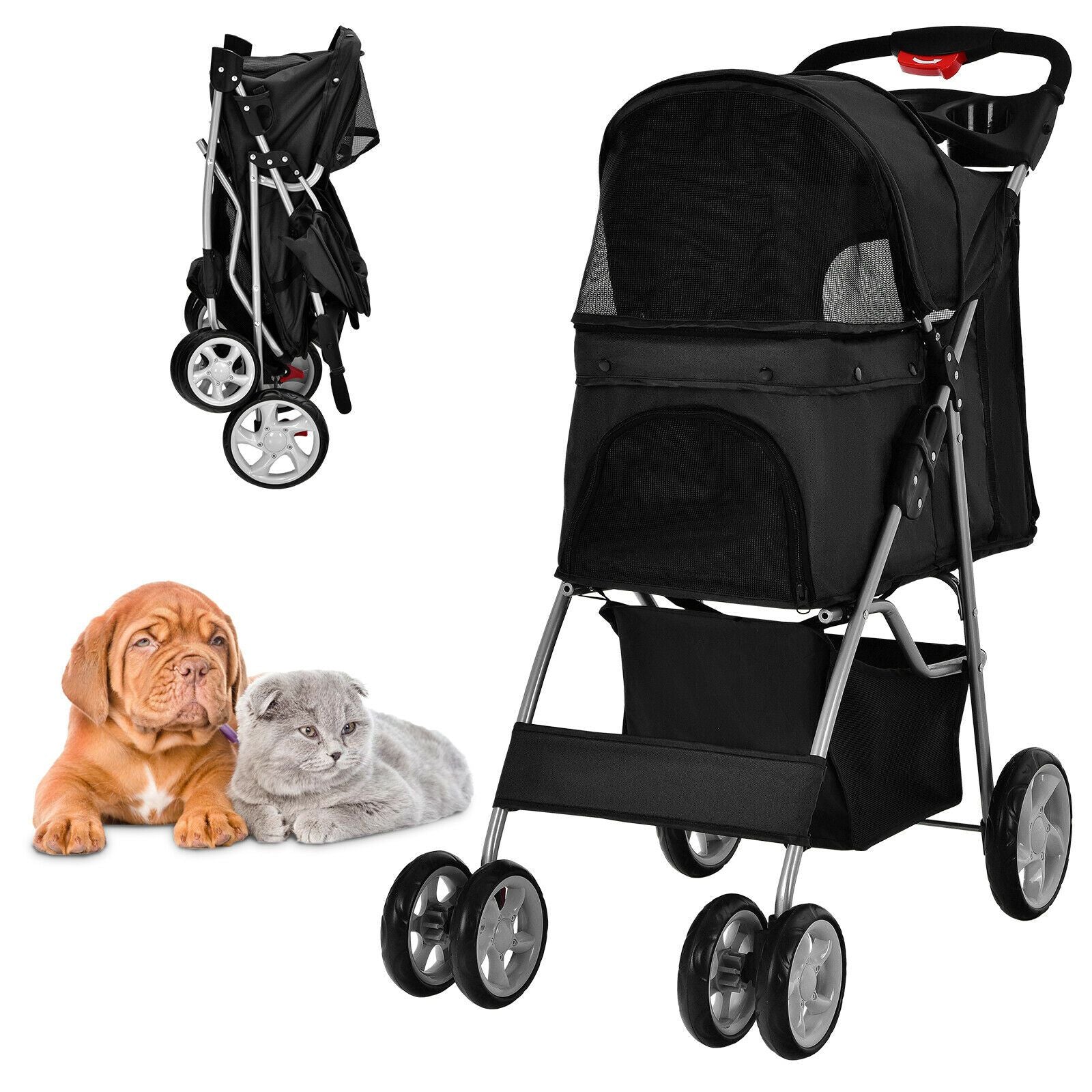 Deluxe 4-Wheel Folding Pet Stroller with Storage Basket & Adjustable Canopy for Ultimate Comfort