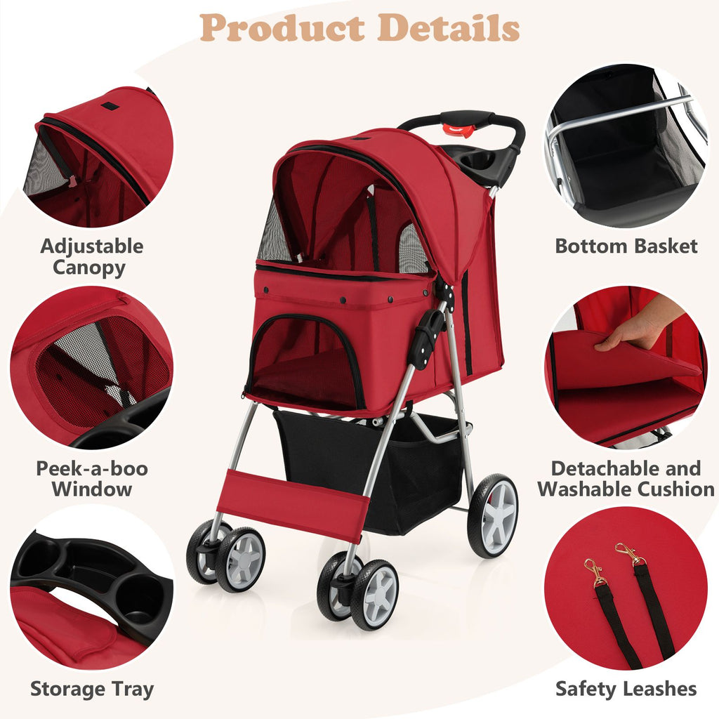 Deluxe 4-Wheel Folding Pet Stroller with Storage Basket & Adjustable Canopy for Ultimate Comfort