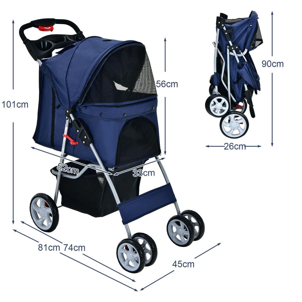 Deluxe 4-Wheel Folding Pet Stroller with Storage Basket & Adjustable Canopy for Ultimate Comfort