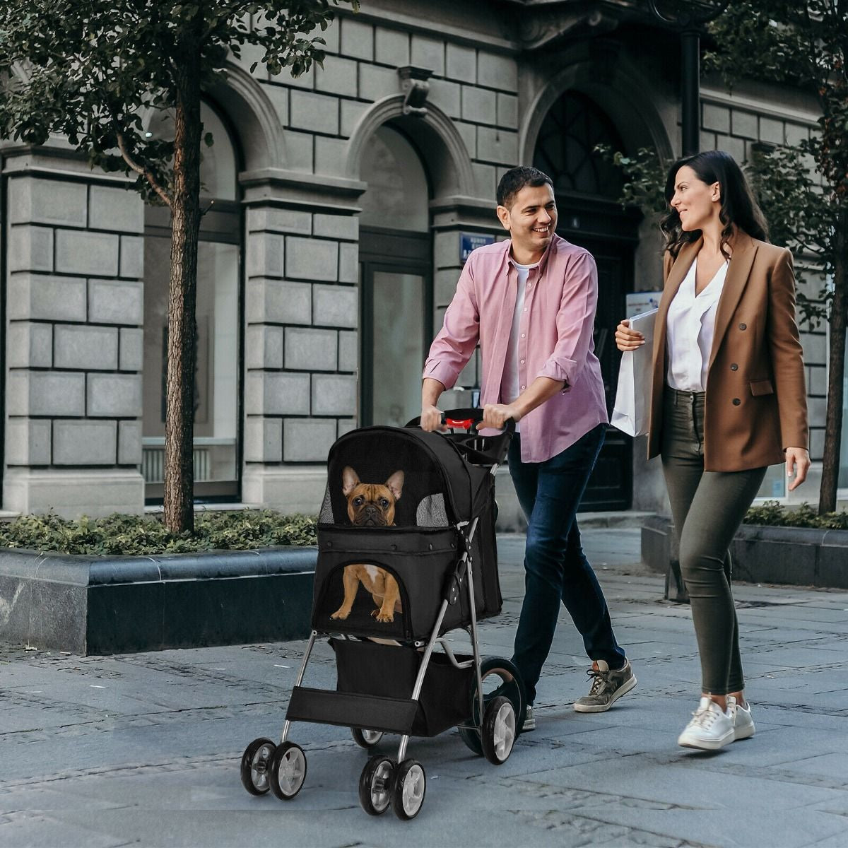 Deluxe 4-Wheel Folding Pet Stroller with Storage Basket & Adjustable Canopy for Ultimate Comfort