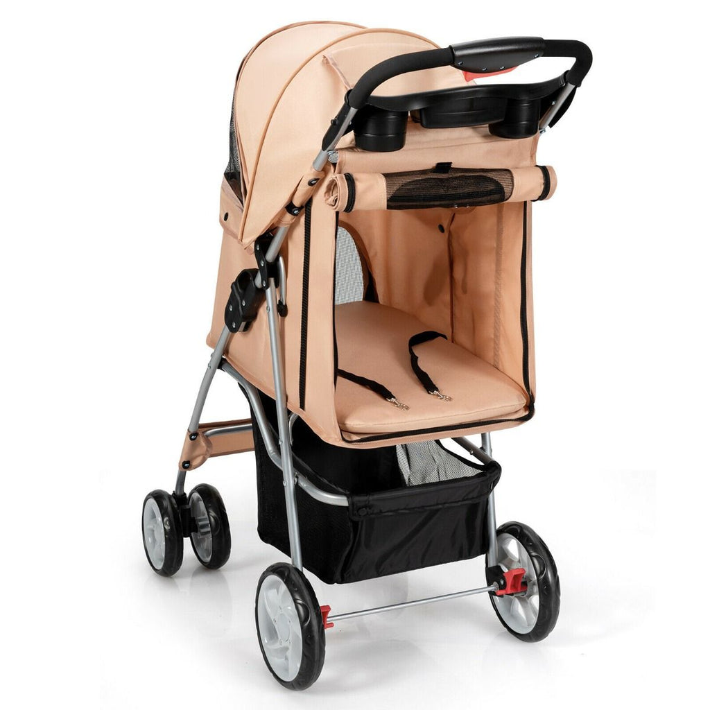 Deluxe 4-Wheel Folding Pet Stroller with Storage Basket & Adjustable Canopy for Ultimate Comfort