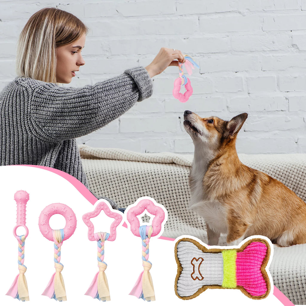 5-Pack Interactive Puppy Chew Toys - Pink Rubber & Plush Squeaky Teething Toys for Small Dogs, Perfect for Dental Care and Playtime!
