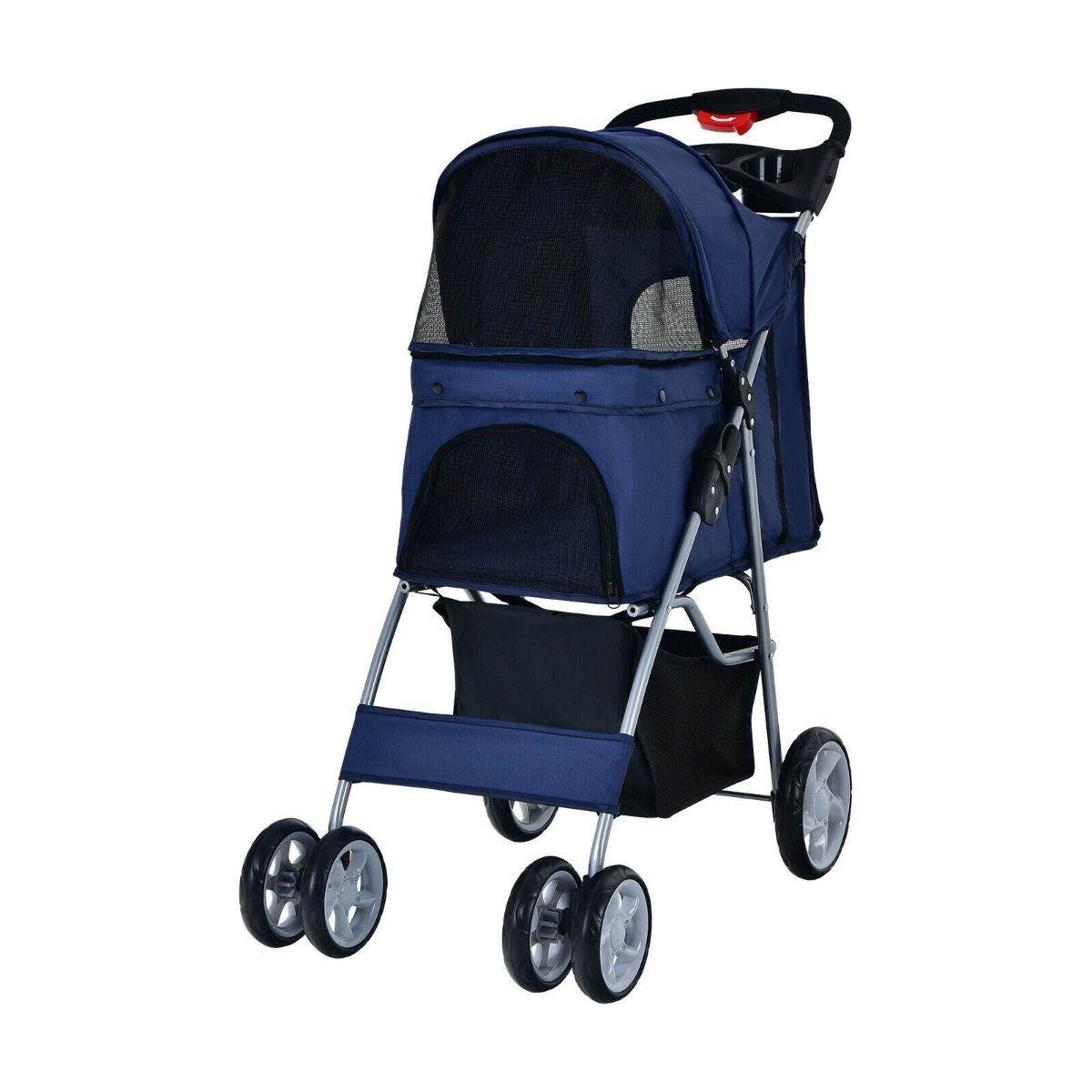 Deluxe 4-Wheel Folding Pet Stroller with Storage Basket & Adjustable Canopy for Ultimate Comfort