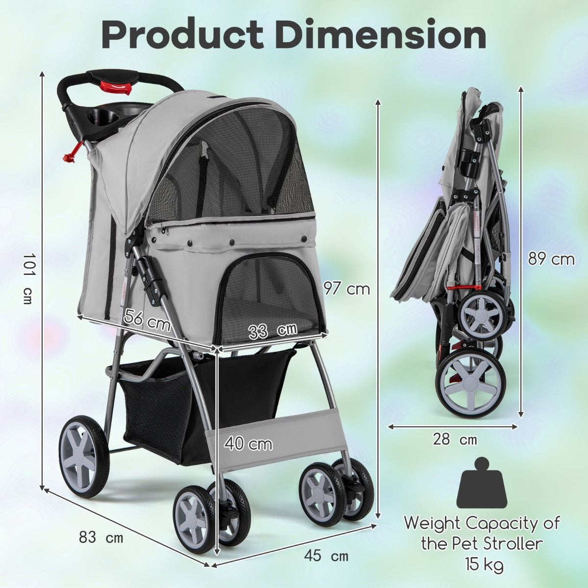 Deluxe 4-Wheel Folding Pet Stroller with Storage Basket & Adjustable Canopy for Ultimate Comfort