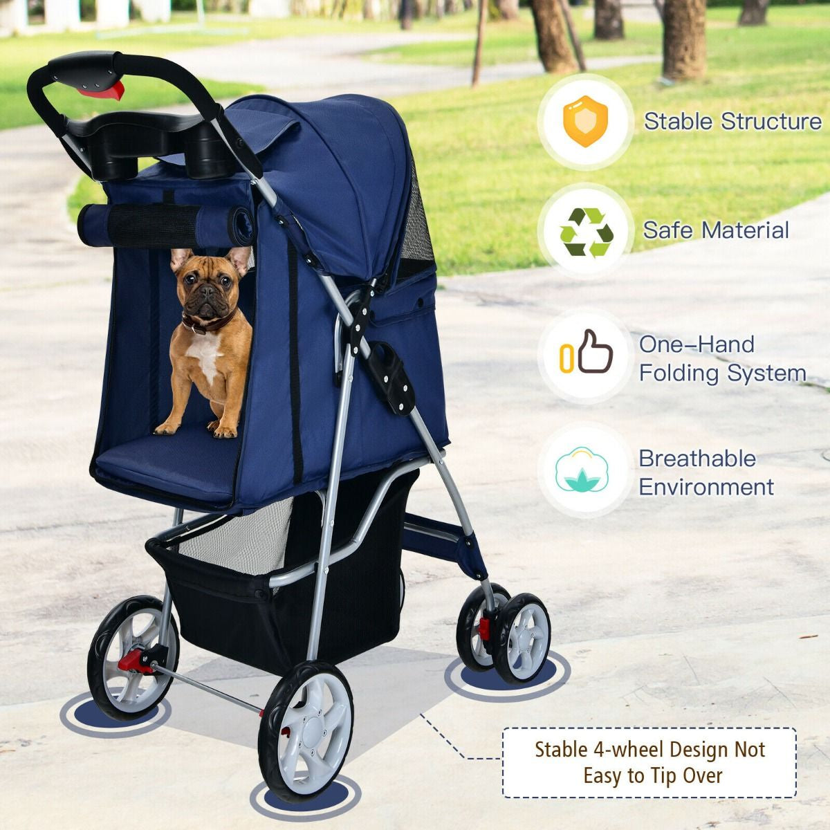 Deluxe 4-Wheel Folding Pet Stroller with Storage Basket & Adjustable Canopy for Ultimate Comfort