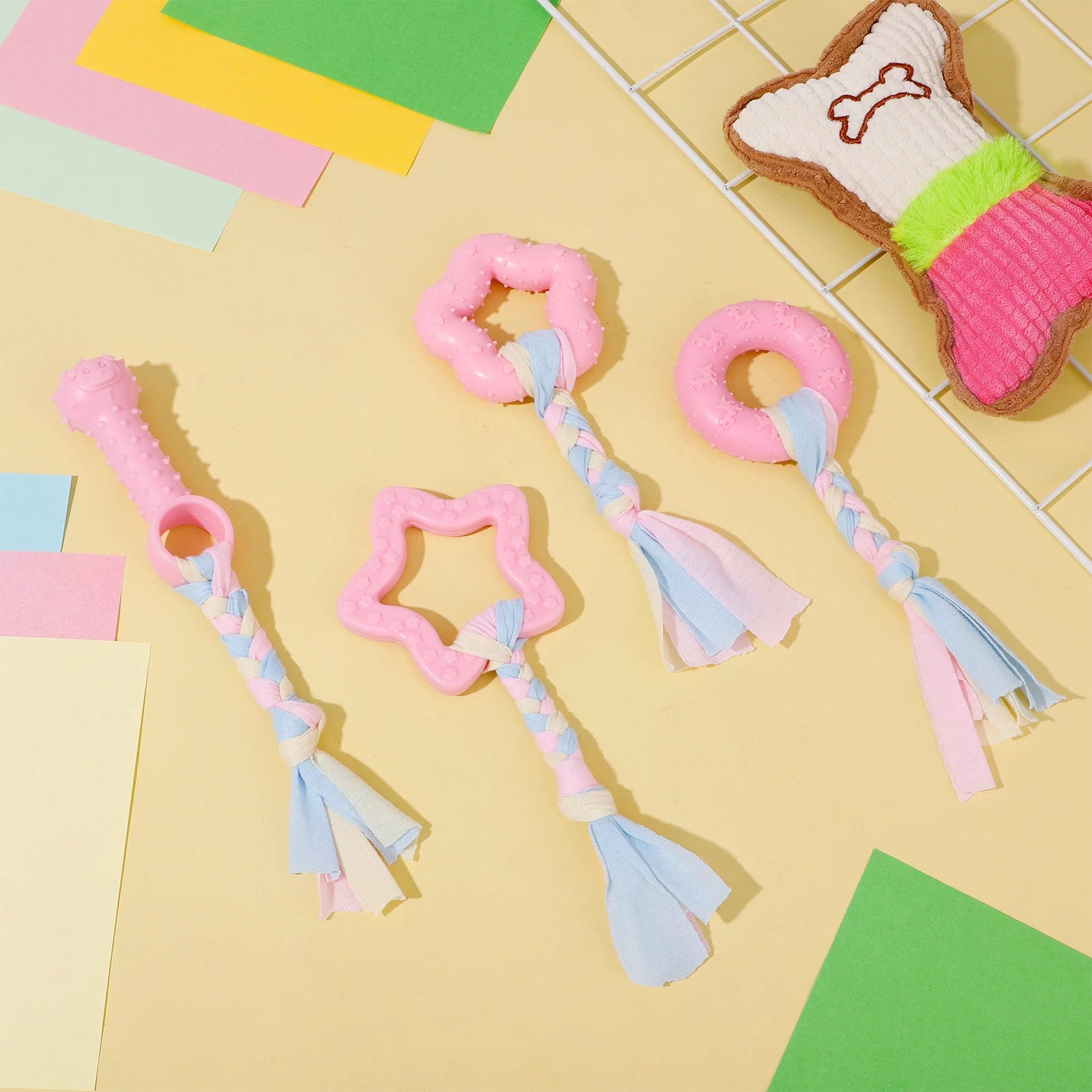 5-Pack Interactive Puppy Chew Toys - Pink Rubber & Plush Squeaky Teething Toys for Small Dogs, Perfect for Dental Care and Playtime!