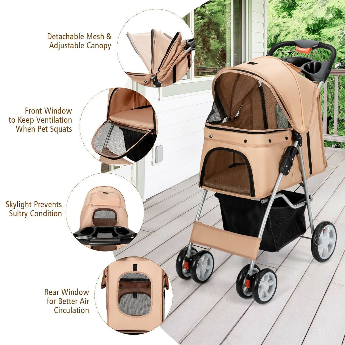 Deluxe 4-Wheel Folding Pet Stroller with Storage Basket & Adjustable Canopy for Ultimate Comfort