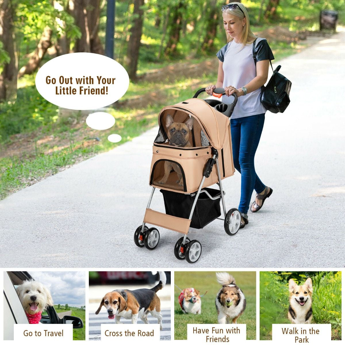 Deluxe 4-Wheel Folding Pet Stroller with Storage Basket & Adjustable Canopy for Ultimate Comfort