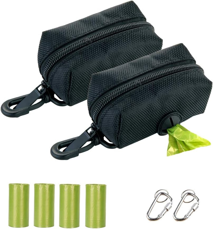 Dog Poop Bag Dispenser - 2 Pack Leash Attachment with Free Waste Bags & D-Ring, Lightweight & Soft for Walking, Running, Hiking (Black)