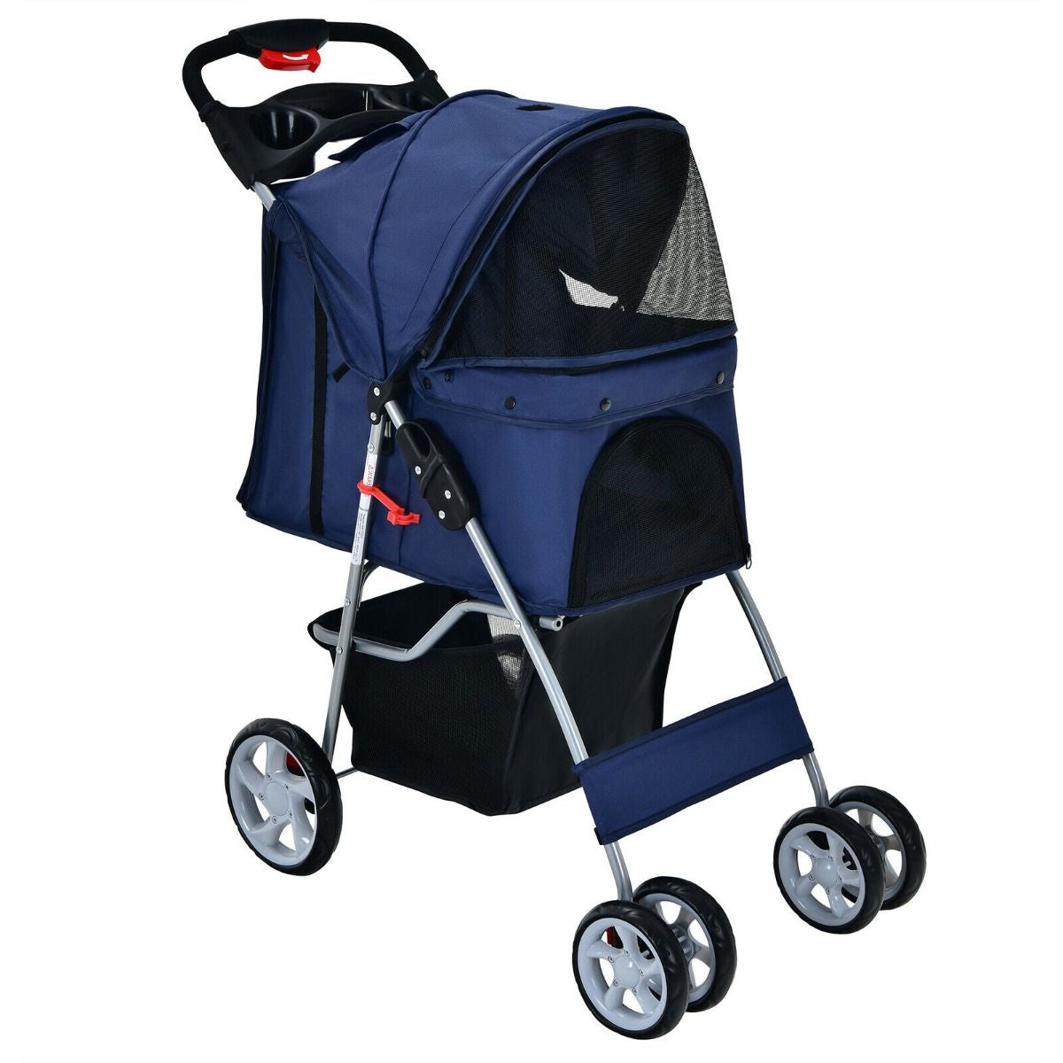Deluxe 4-Wheel Folding Pet Stroller with Storage Basket & Adjustable Canopy for Ultimate Comfort