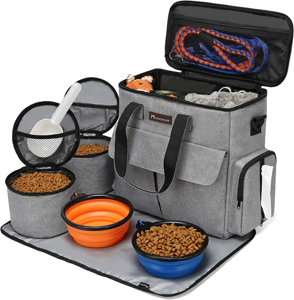 Ultimate Dog Travel Bag - Airline Approved Pet Tote with Multi-Function Pockets, Food Containers, Collapsible Bowls & Feeding Mat (Grey)