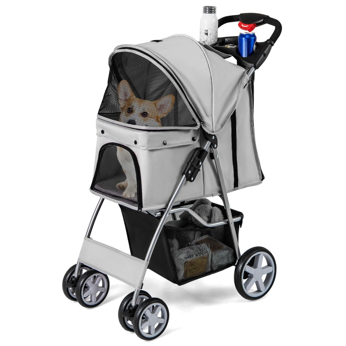 Deluxe 4-Wheel Folding Pet Stroller with Storage Basket & Adjustable Canopy for Ultimate Comfort