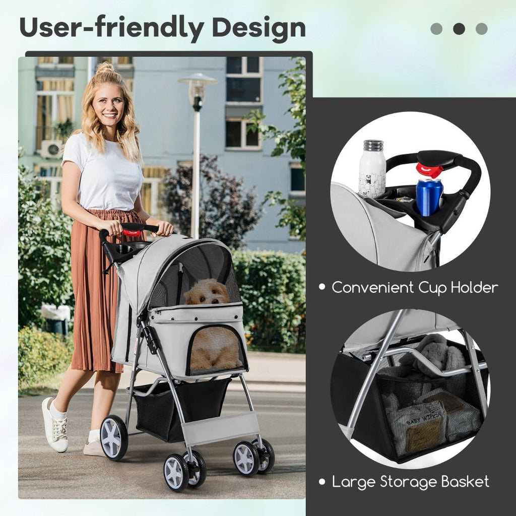 Deluxe 4-Wheel Folding Pet Stroller with Storage Basket & Adjustable Canopy for Ultimate Comfort
