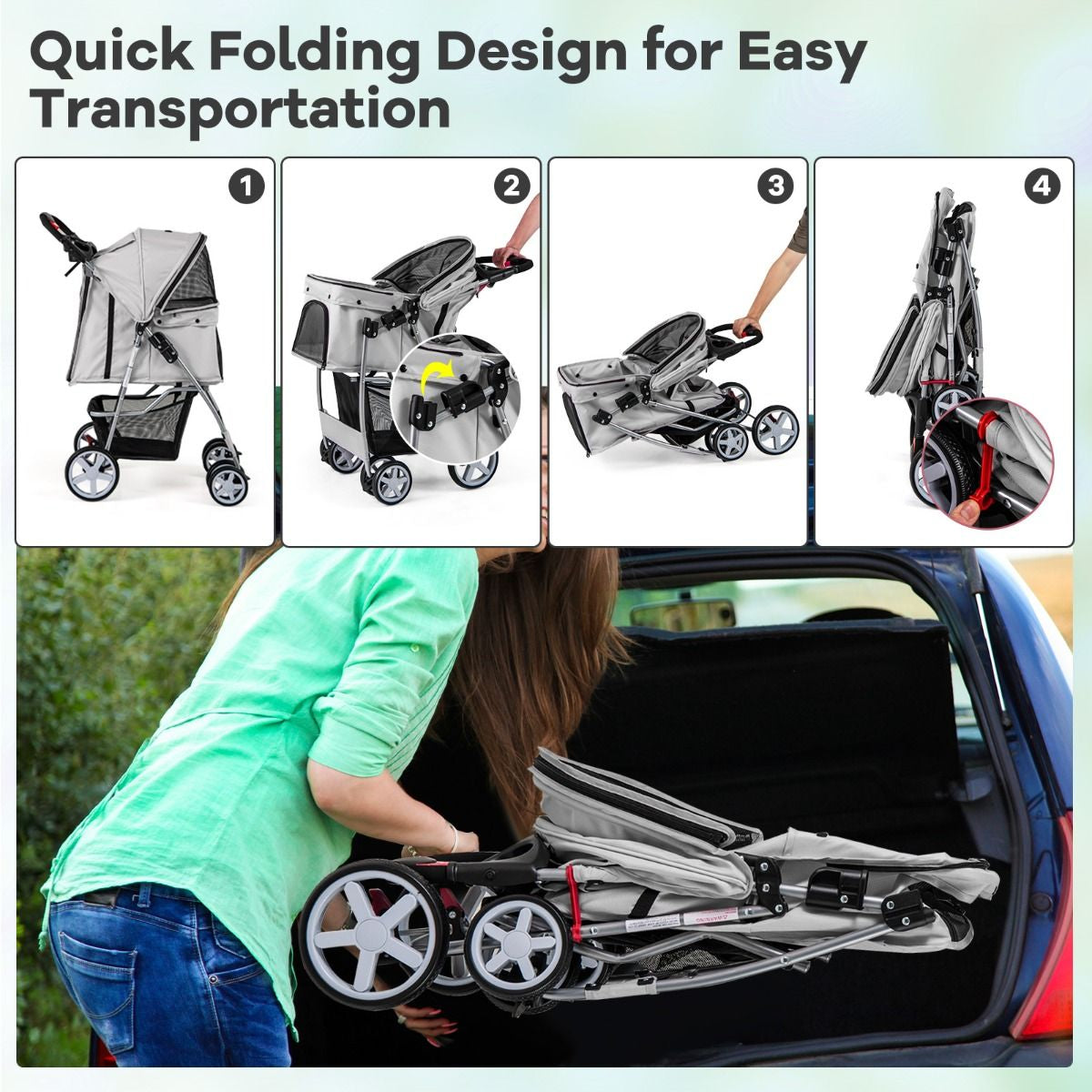 Deluxe 4-Wheel Folding Pet Stroller with Storage Basket & Adjustable Canopy for Ultimate Comfort
