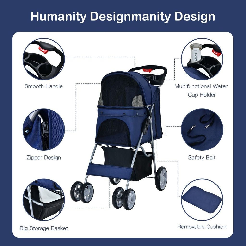 Deluxe 4-Wheel Folding Pet Stroller with Storage Basket & Adjustable Canopy for Ultimate Comfort