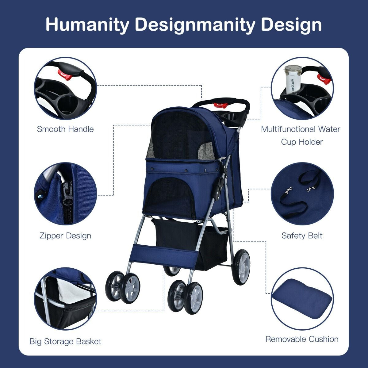 Deluxe 4-Wheel Folding Pet Stroller with Storage Basket & Adjustable Canopy for Ultimate Comfort