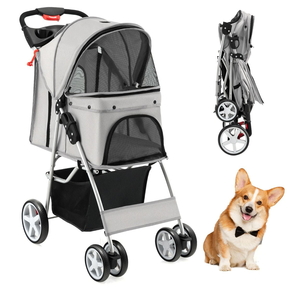 Deluxe 4-Wheel Folding Pet Stroller with Storage Basket & Adjustable Canopy for Ultimate Comfort