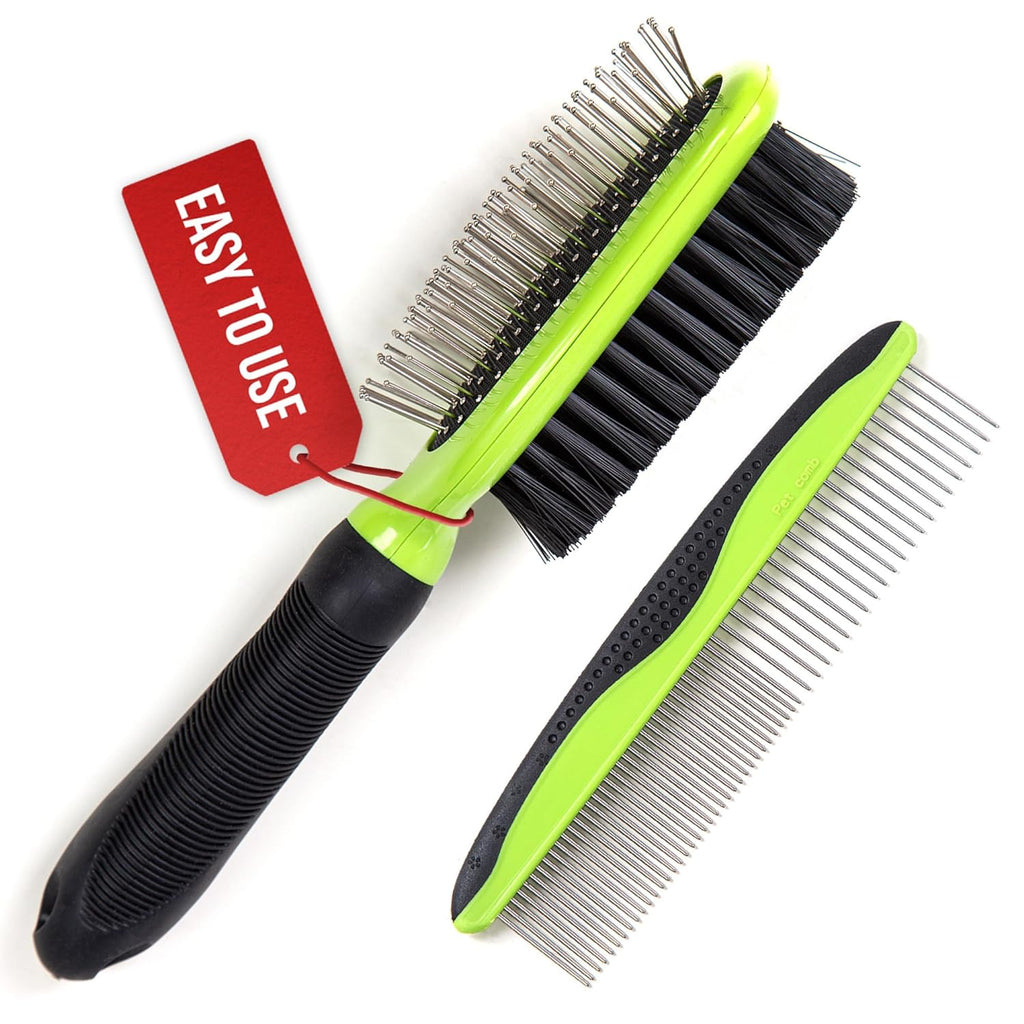 Ultimate Pet Grooming Set for Dogs & Cats - Double-Sided Brush & Comb - Effective Deshedding, Lice & Flea Removal - Comfortable Grip & Soft Bristles