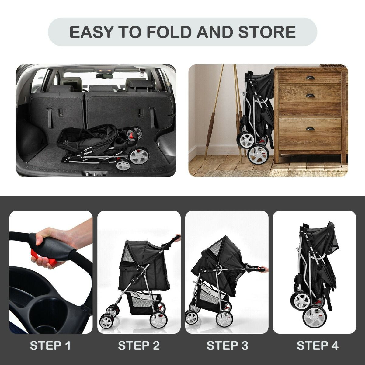 Deluxe 4-Wheel Folding Pet Stroller with Storage Basket & Adjustable Canopy for Ultimate Comfort