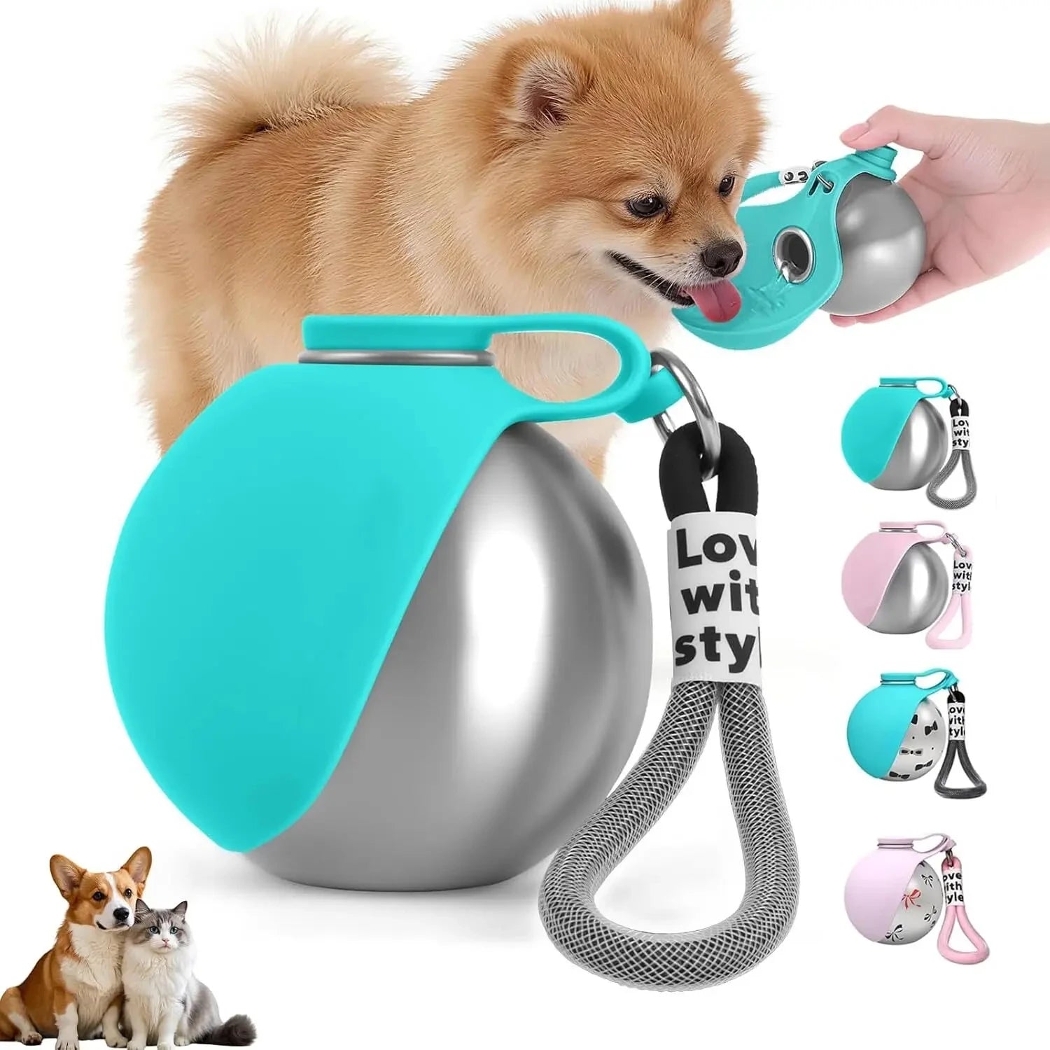 Dogs Drinking Bottle with Silicone Bowl, 285ml Stainless Steel Leak-Proof Dog Drinking Bottle for Cats and Dogs, Walks and Hikes