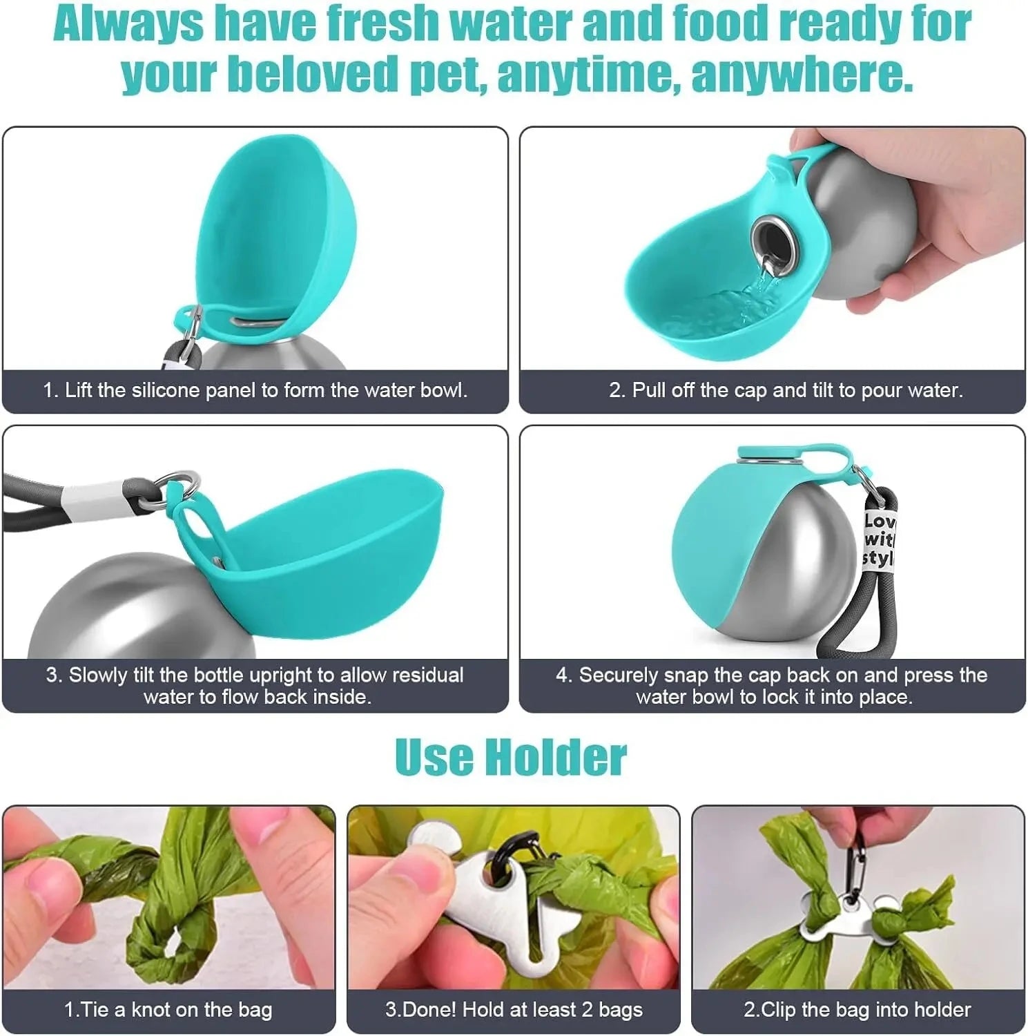 Dogs Drinking Bottle with Silicone Bowl, 285ml Stainless Steel Leak-Proof Dog Drinking Bottle for Cats and Dogs, Walks and Hikes