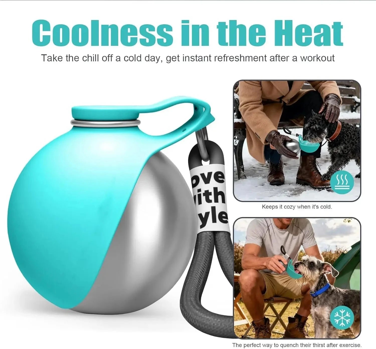 Dogs Drinking Bottle with Silicone Bowl, 285ml Stainless Steel Leak-Proof Dog Drinking Bottle for Cats and Dogs, Walks and Hikes
